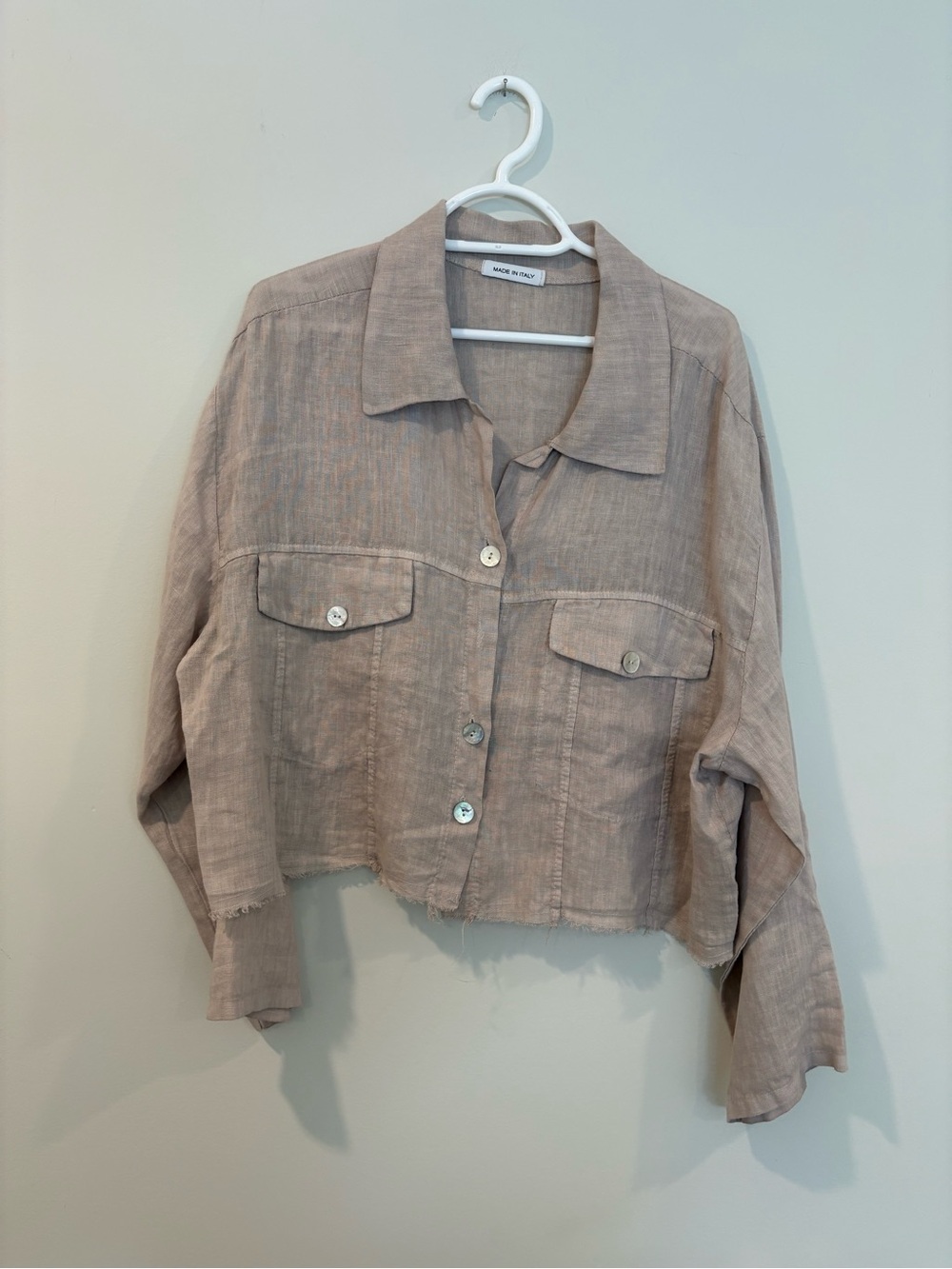 Made in Italy Cropped Linen Jacket Shacket Frayed Hem - Taupe - Large